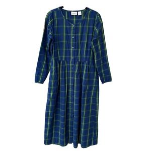 The Vermont Country Store Blue Green Yellow Plaid Button Front Midi Dress Small
